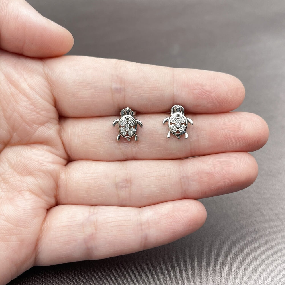 Rhodium Gold Filled Stud Earring, Turtle Design, with White Cubic Zirconia, Polished, Rhodium Finish