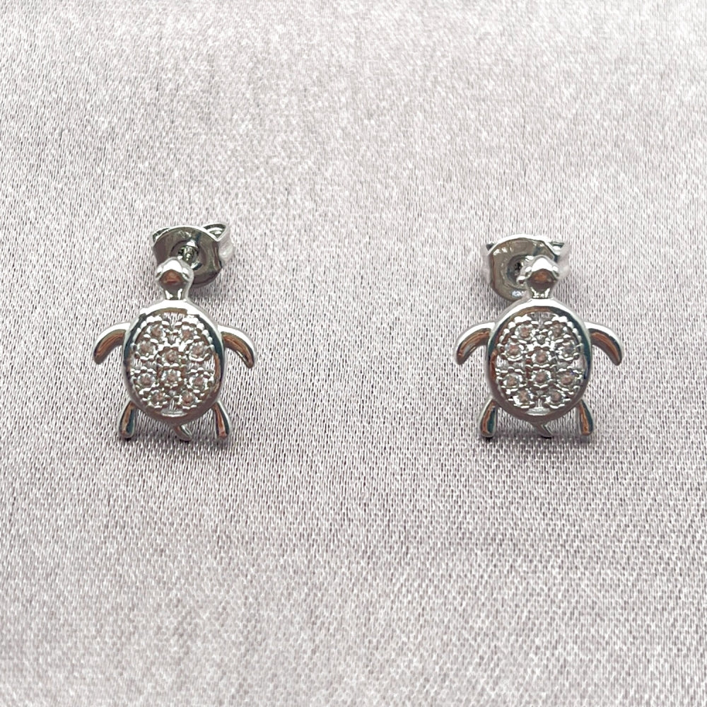 Rhodium Gold Filled Stud Earring, Turtle Design, with White Cubic Zirconia, Polished, Rhodium Finish
