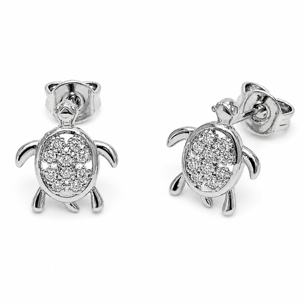 Rhodium Gold Filled Stud Earring, Turtle Design, with White Cubic Zirconia, Polished, Rhodium Finish