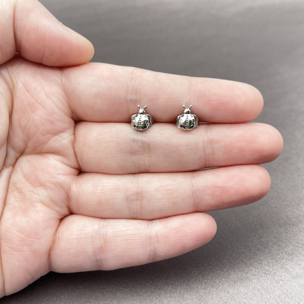 Rhodium Gold Filled Stud Earring, Ladybug Design, with Multicolor Cubic Zirconia, Polished, Rhodium Finish