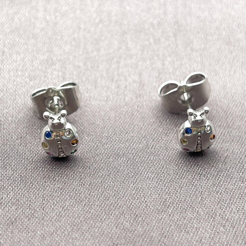 Rhodium Gold Filled Stud Earring, Ladybug Design, with Multicolor Cubic Zirconia, Polished, Rhodium Finish