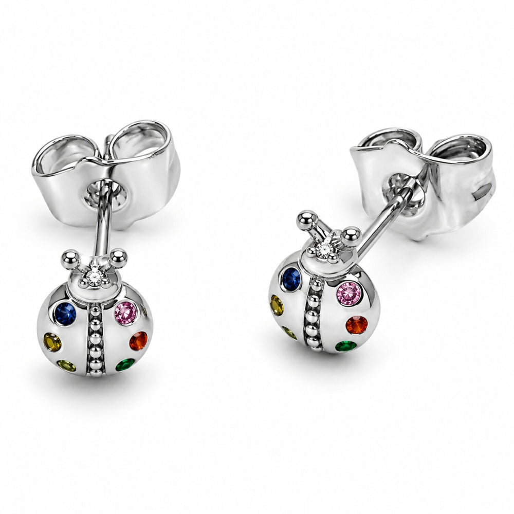 Rhodium Gold Filled Stud Earring, Ladybug Design, with Multicolor Cubic Zirconia, Polished, Rhodium Finish