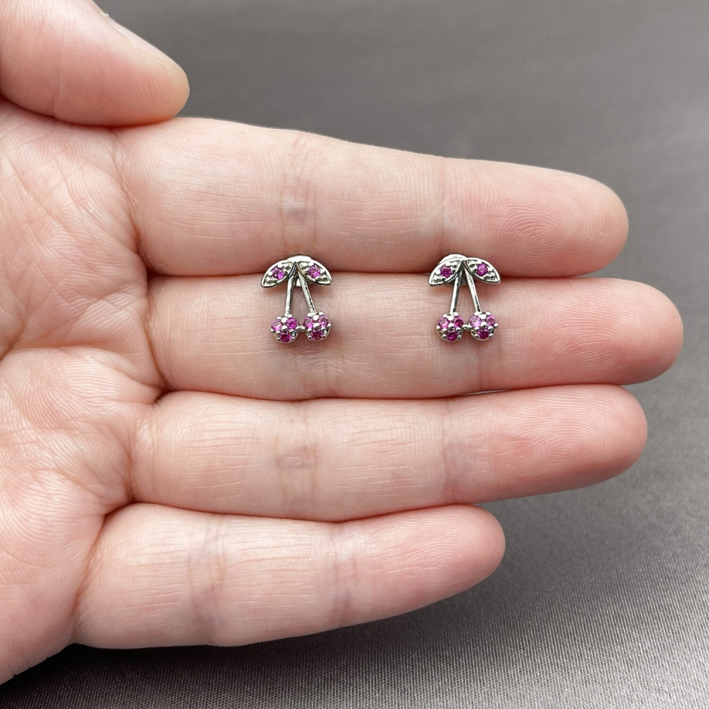 Rhodium Gold Filled Stud Earring, Cherry Design, with Rose Cubic Zirconia, Polished, Rhodium Finish
