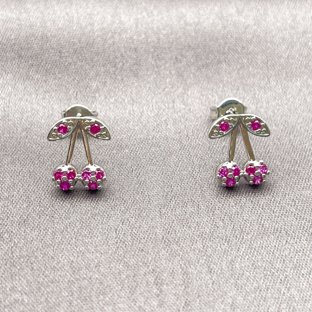 Rhodium Gold Filled Stud Earring, Cherry Design, with Rose Cubic Zirconia, Polished, Rhodium Finish