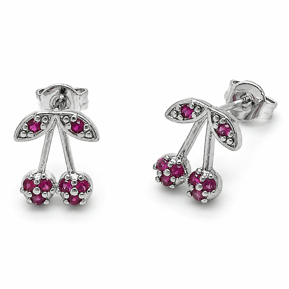 Rhodium Gold Filled Stud Earring, Cherry Design, with Rose Cubic Zirconia, Polished, Rhodium Finish