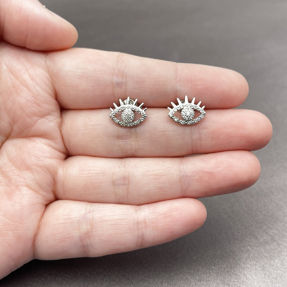 Rhodium Gold Filled Stud Earring, Evil Eye Design, with White Micro Pave, Polished, Rhodium Finish