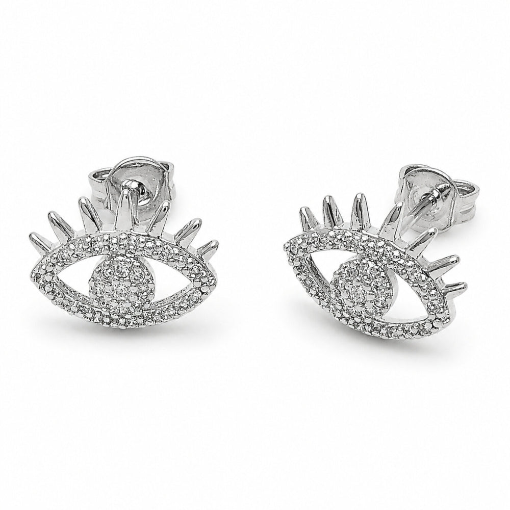 Rhodium Gold Filled Stud Earring, Evil Eye Design, with White Micro Pave, Polished, Rhodium Finish