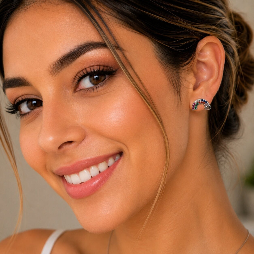 Rhodium Gold Filled Stud Earring, with Multicolor Cubic Zirconia, Polished, Rhodium Finish