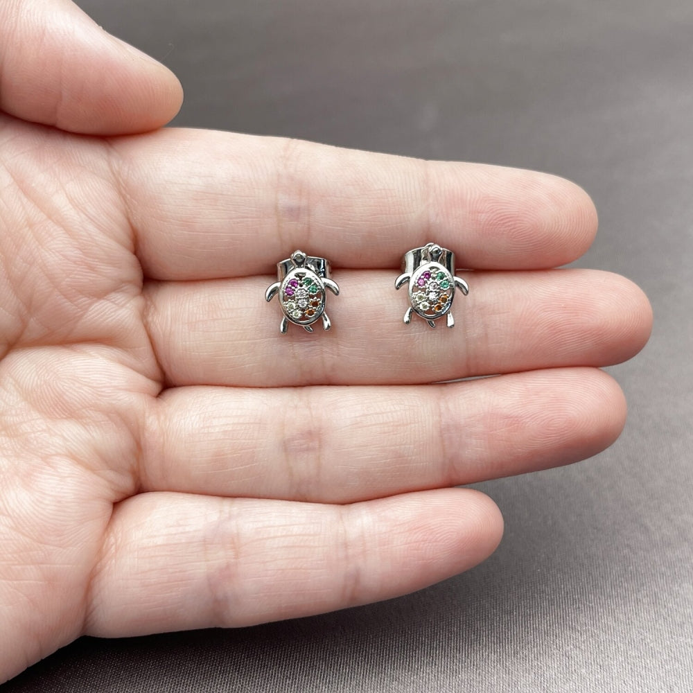 Rhodium Gold Filled Stud Earring, Turtle Design, with Multicolor Cubic Zirconia, Polished, Rhodium Finish