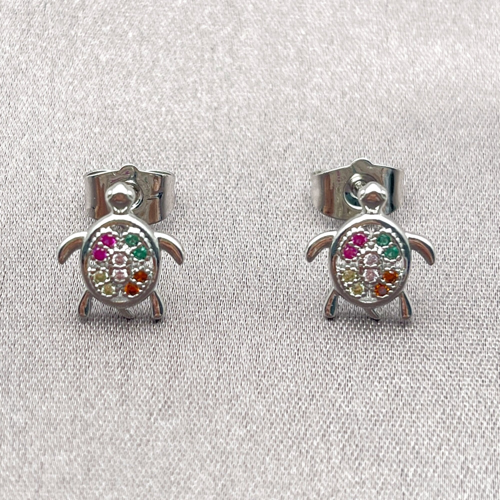 Rhodium Gold Filled Stud Earring, Turtle Design, with Multicolor Cubic Zirconia, Polished, Rhodium Finish
