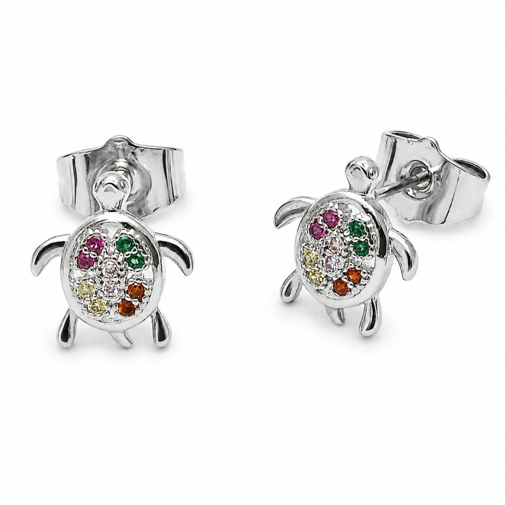 Rhodium Gold Filled Stud Earring, Turtle Design, with Multicolor Cubic Zirconia, Polished, Rhodium Finish