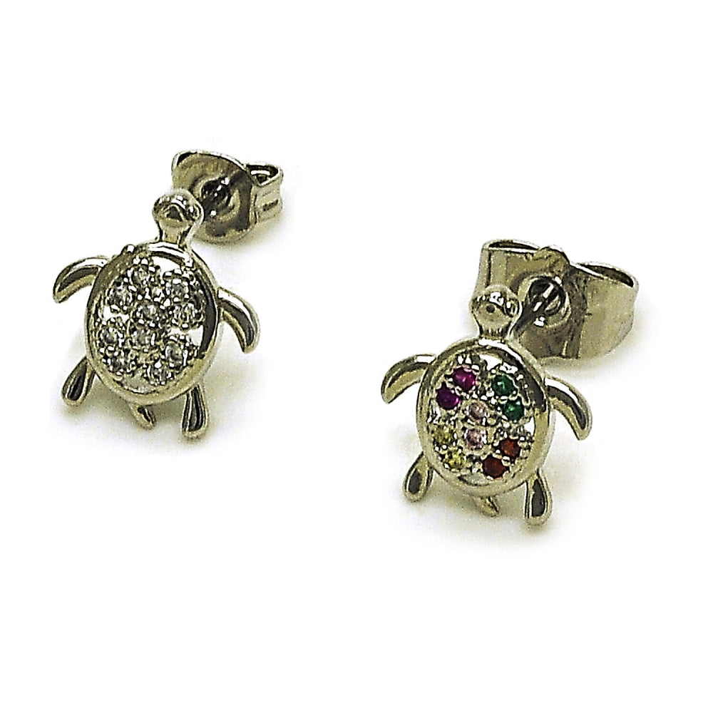 Rhodium Gold Filled Stud Earring, Turtle Design, with Multicolor Cubic Zirconia, Polished, Rhodium Finish