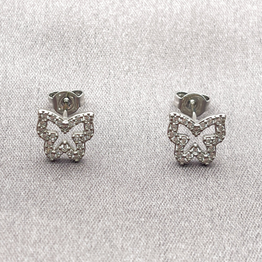 Rhodium Gold Filled Stud Earring, Butterfly Design, with White Cubic Zirconia, Polished, Rhodium Finish