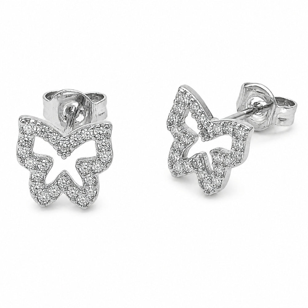 Rhodium Gold Filled Stud Earring, Butterfly Design, with White Cubic Zirconia, Polished, Rhodium Finish