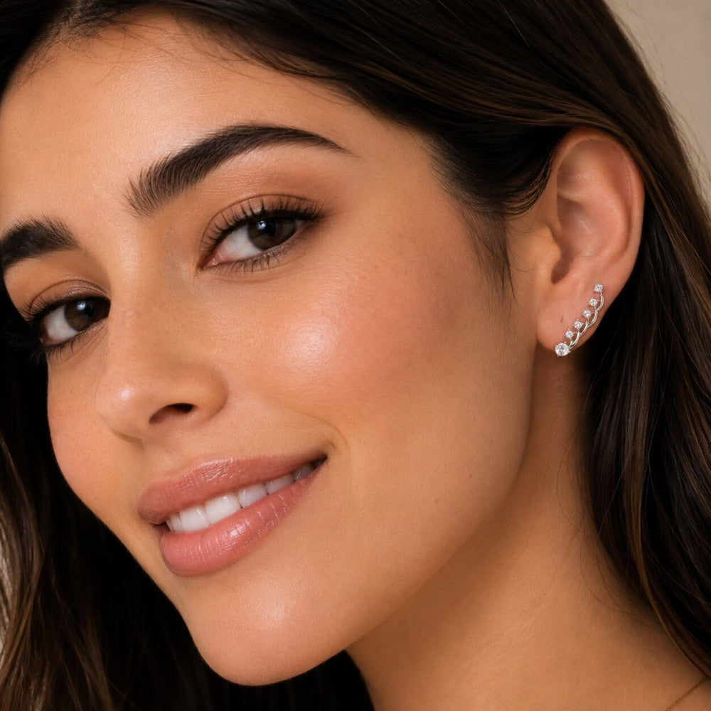 Rhodium Gold Filled Stud Earring, Leaf and Tree Design, with White Cubic Zirconia, Polished, Rhodium Finish