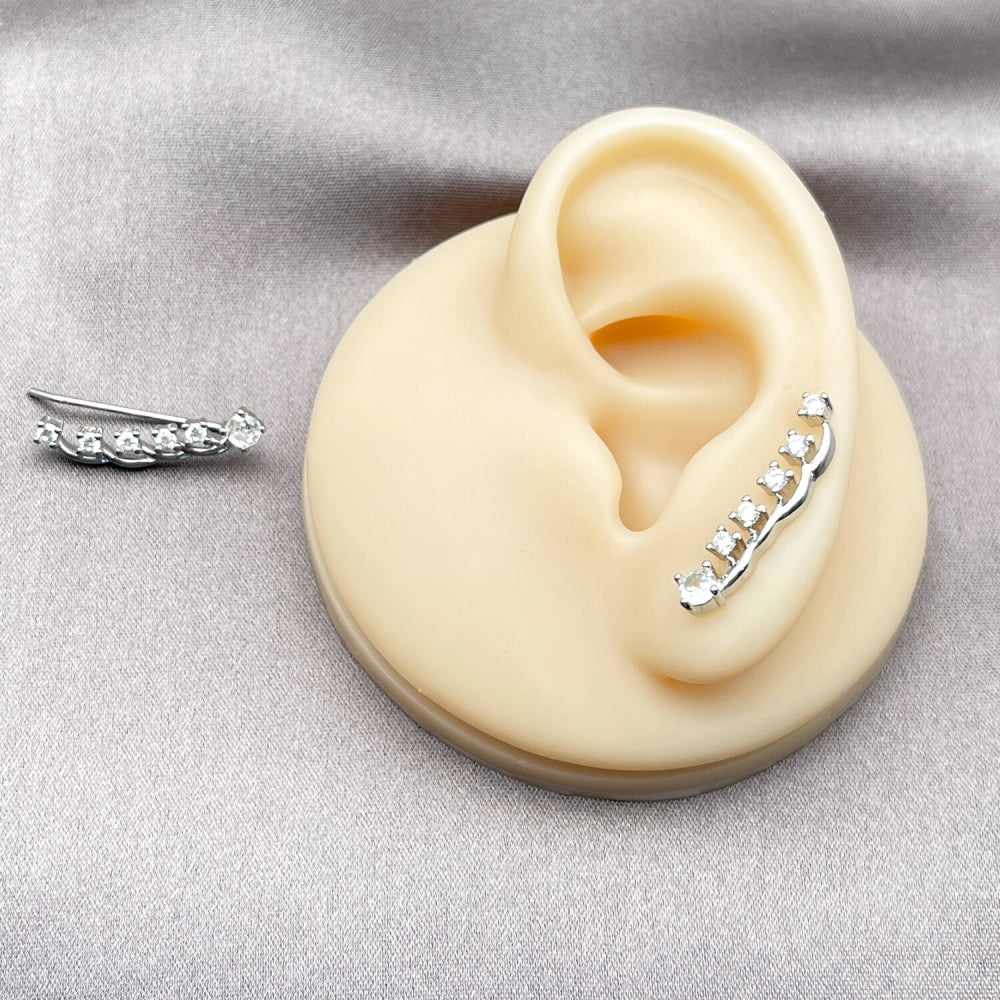 Rhodium Gold Filled Stud Earring, Leaf and Tree Design, with White Cubic Zirconia, Polished, Rhodium Finish