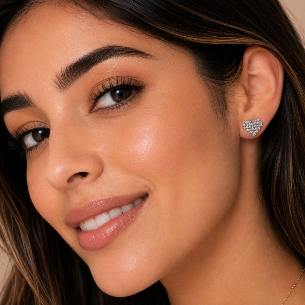 Rhodium Gold Filled Stud Earring, Heart Design, with White Cubic Zirconia, Polished, Rhodium Finish