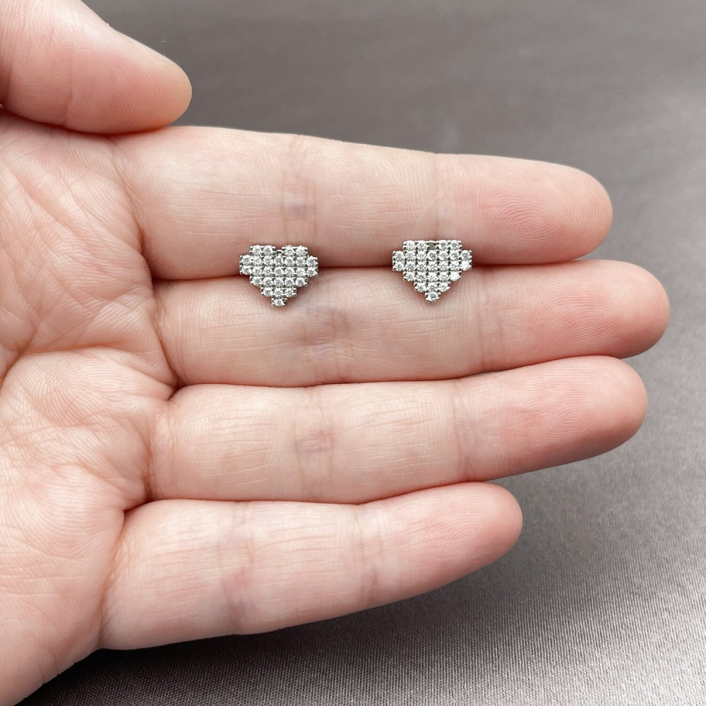 Rhodium Gold Filled Stud Earring, Heart Design, with White Cubic Zirconia, Polished, Rhodium Finish