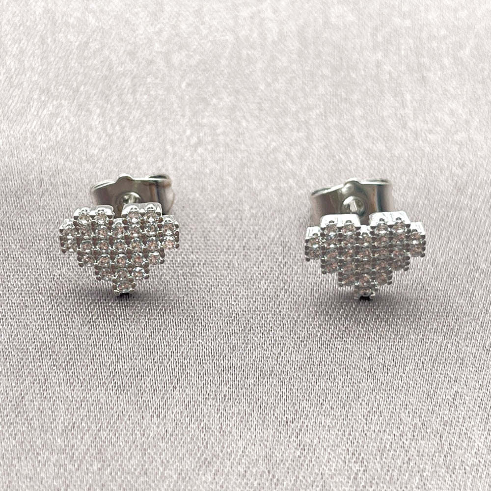 Rhodium Gold Filled Stud Earring, Heart Design, with White Cubic Zirconia, Polished, Rhodium Finish