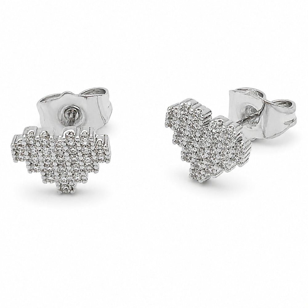 Rhodium Gold Filled Stud Earring, Heart Design, with White Cubic Zirconia, Polished, Rhodium Finish