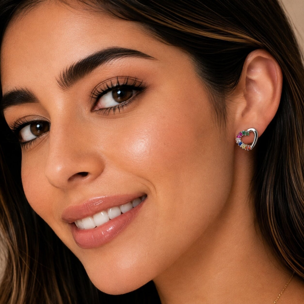 Rhodium Gold Filled Stud Earring, Heart and Baguette Design, with Multicolor Cubic Zirconia, Polished, Rhodium Finish