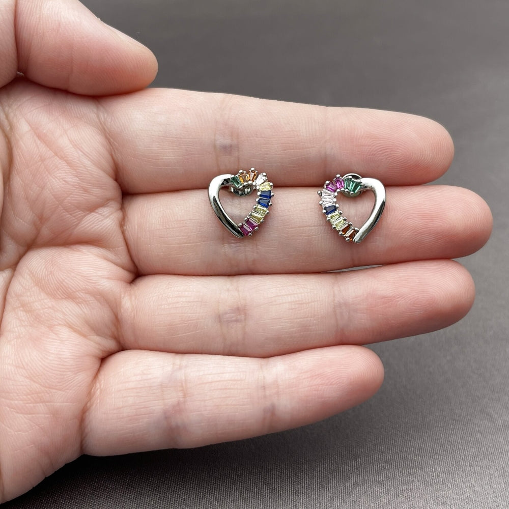 Rhodium Gold Filled Stud Earring, Heart and Baguette Design, with Multicolor Cubic Zirconia, Polished, Rhodium Finish