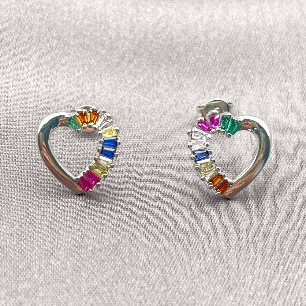Rhodium Gold Filled Stud Earring, Heart and Baguette Design, with Multicolor Cubic Zirconia, Polished, Rhodium Finish