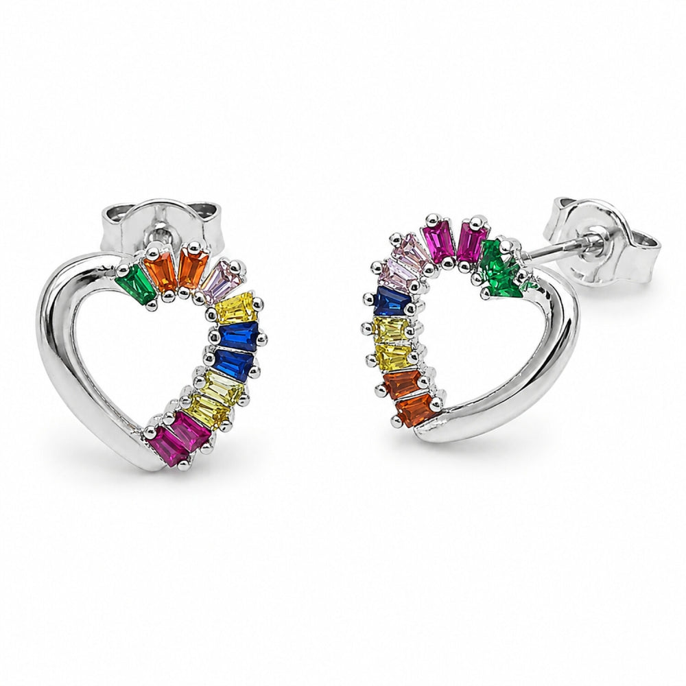 Rhodium Gold Filled Stud Earring, Heart and Baguette Design, with Multicolor Cubic Zirconia, Polished, Rhodium Finish