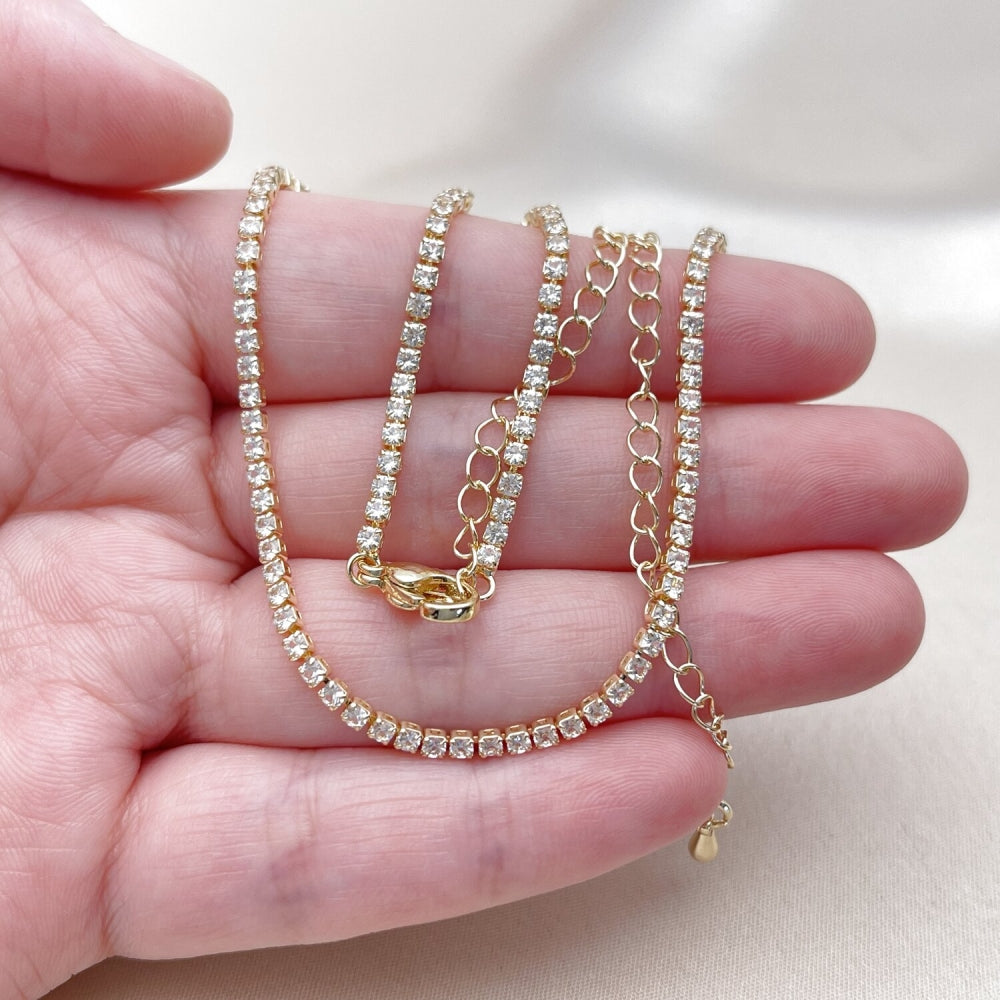Oro Laminado Fancy Necklace, Gold Filled Style with White Cubic Zirconia, Polished, Golden Finish