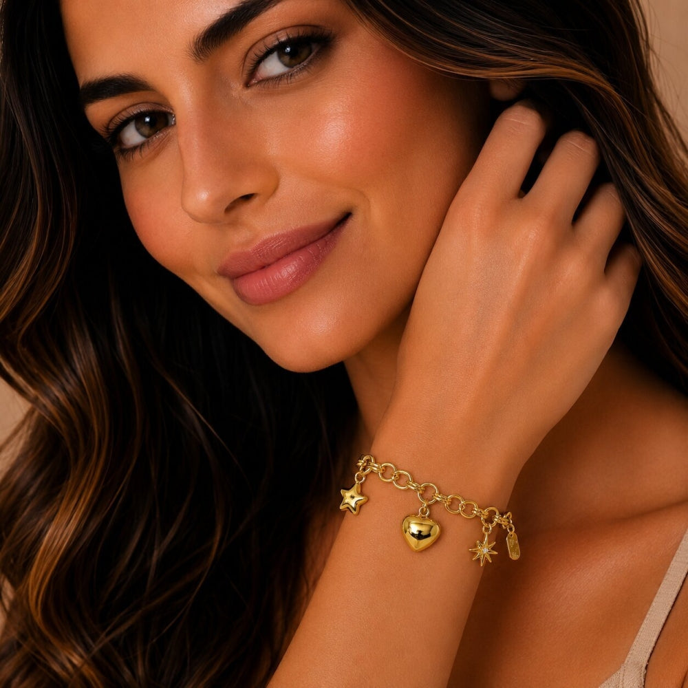 Oro Laminado Fancy Bracelet, Gold Filled Style Heart and Star Design, with White Cubic Zirconia, Polished, Golden Finish
