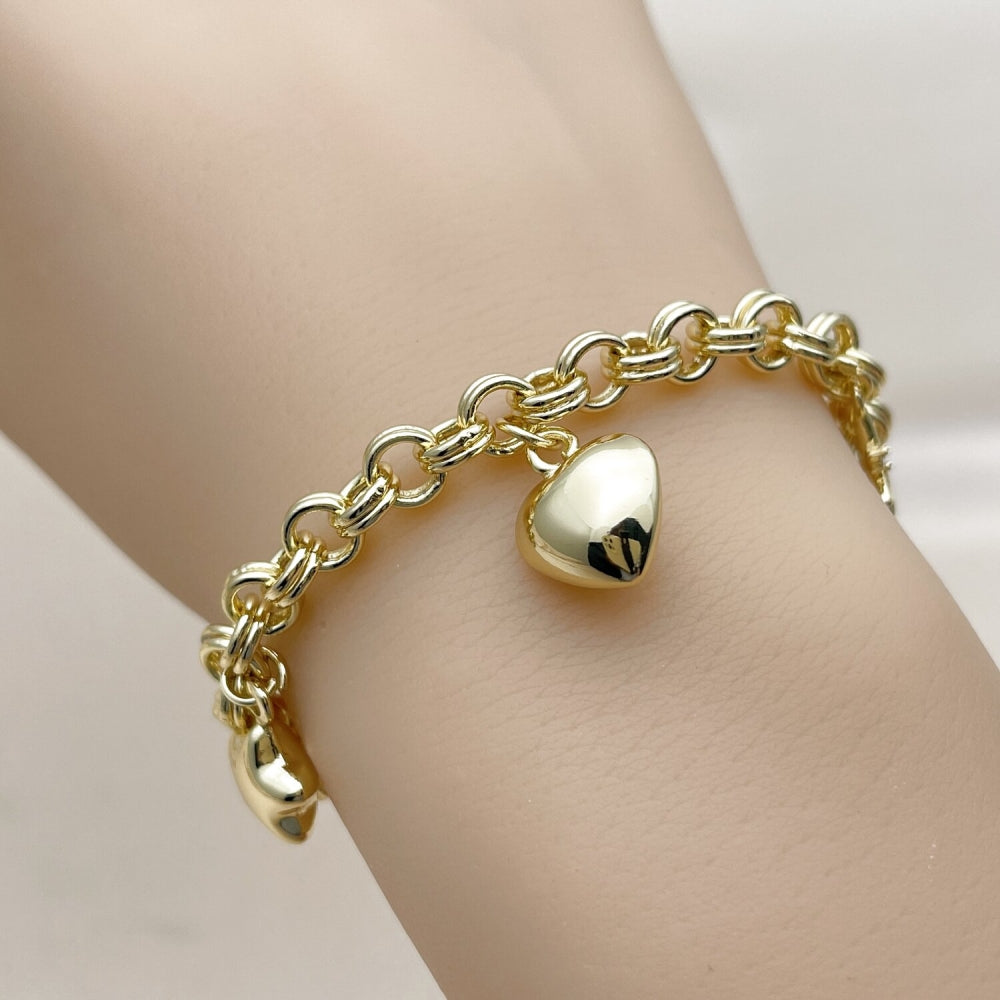 Oro Laminado Fancy Bracelet, Gold Filled Style Heart and Star Design, with White Cubic Zirconia, Polished, Golden Finish