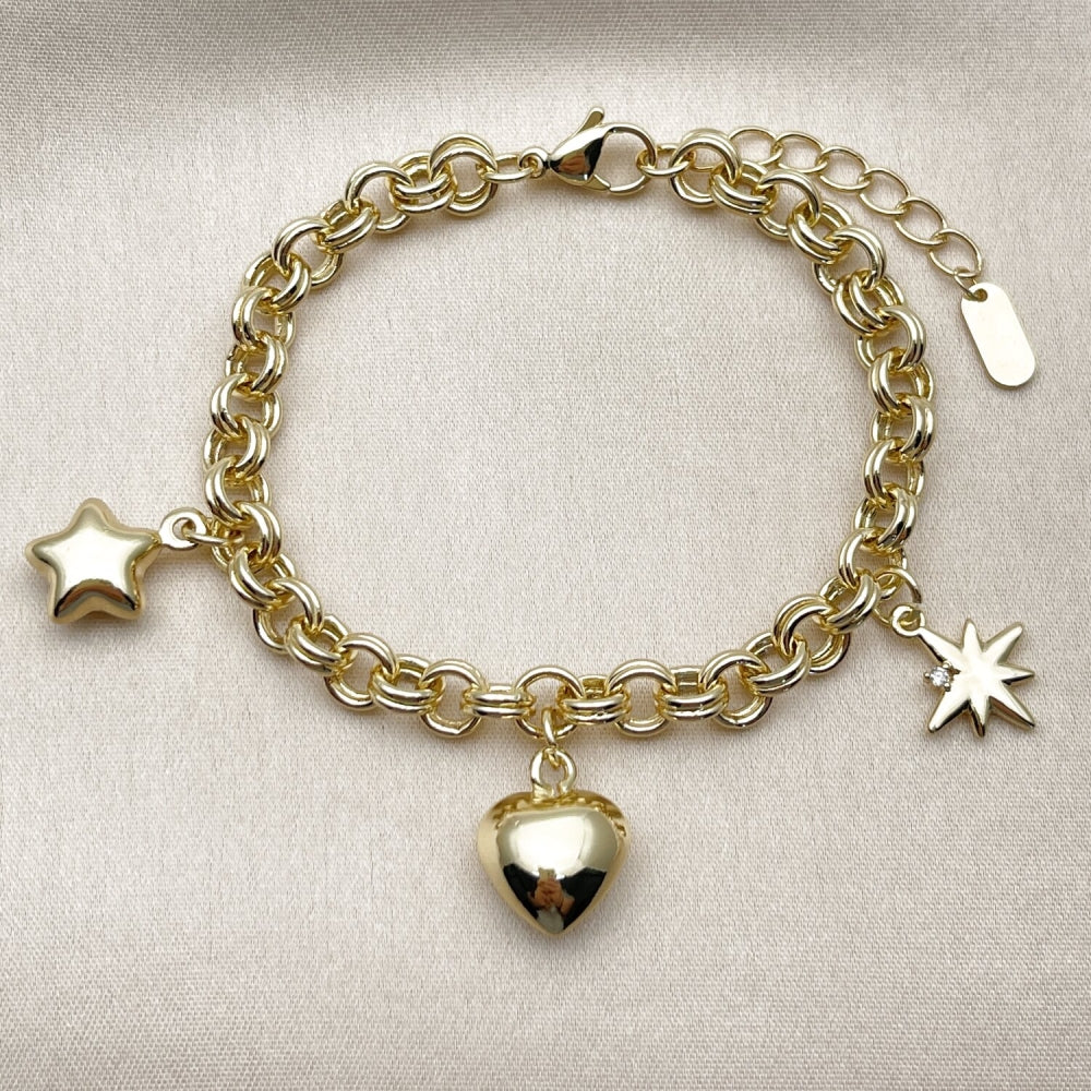 Oro Laminado Fancy Bracelet, Gold Filled Style Heart and Star Design, with White Cubic Zirconia, Polished, Golden Finish