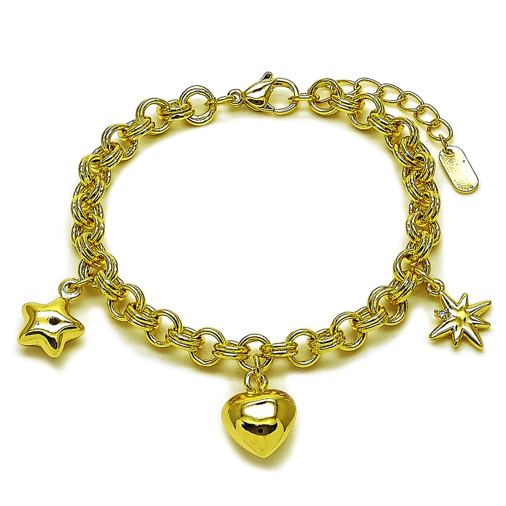 Oro Laminado Fancy Bracelet, Gold Filled Style Heart and Star Design, with White Cubic Zirconia, Polished, Golden Finish