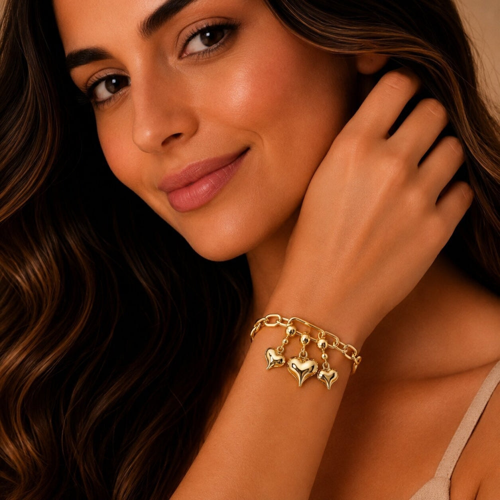 Oro Laminado Fancy Bracelet, Gold Filled Style Heart Design, Polished, Golden Finish