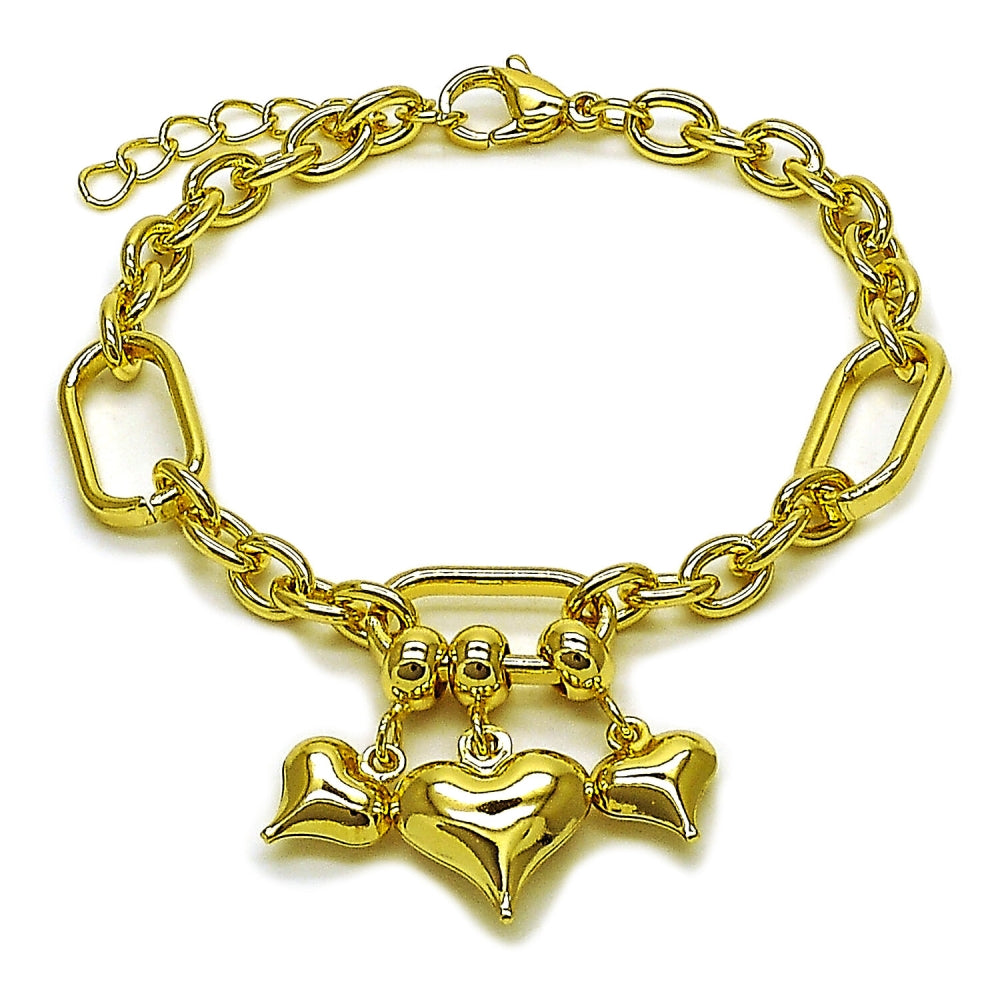 Oro Laminado Fancy Bracelet, Gold Filled Style Heart Design, Polished, Golden Finish