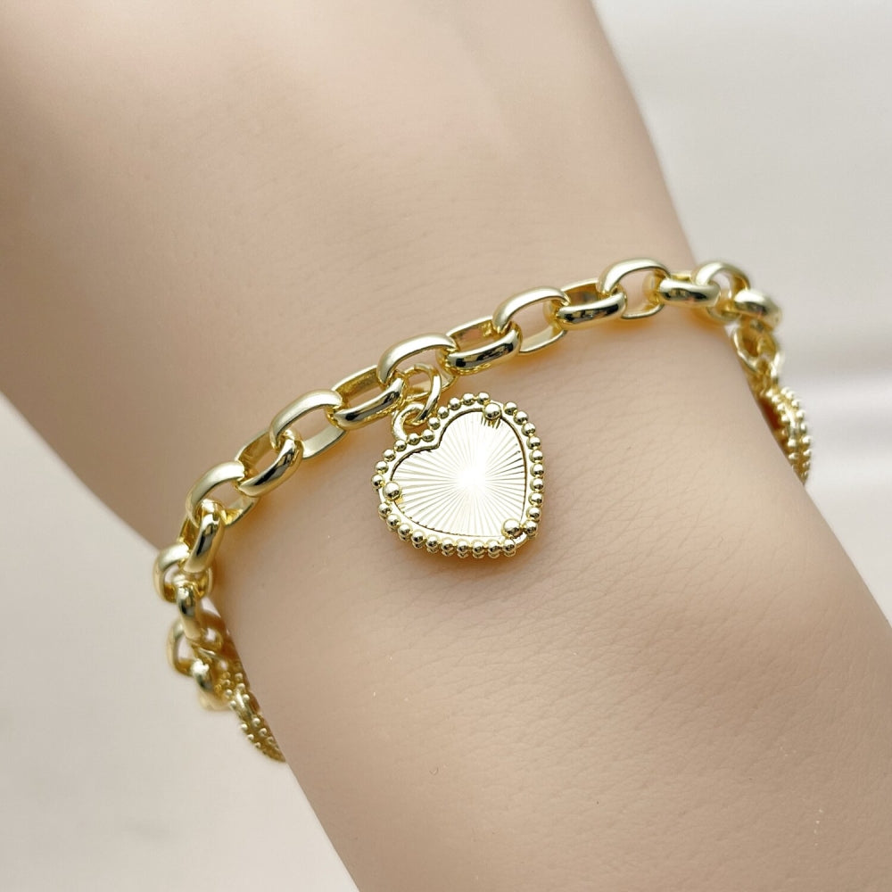 Oro Laminado Fancy Bracelet, Gold Filled Style Heart Design, Diamond Cutting Finish, Golden Finish