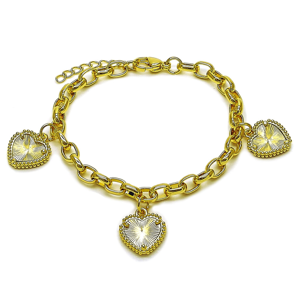 Oro Laminado Fancy Bracelet, Gold Filled Style Heart Design, Diamond Cutting Finish, Golden Finish