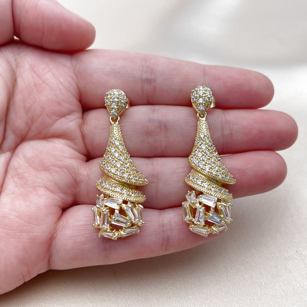 Oro Laminado Long Earring, Gold Filled Style Teardrop and Baguette Design, with White Cubic Zirconia, Polished, Golden Finish