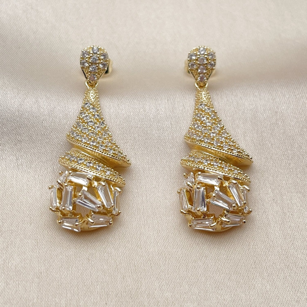 Oro Laminado Long Earring, Gold Filled Style Teardrop and Baguette Design, with White Cubic Zirconia, Polished, Golden Finish
