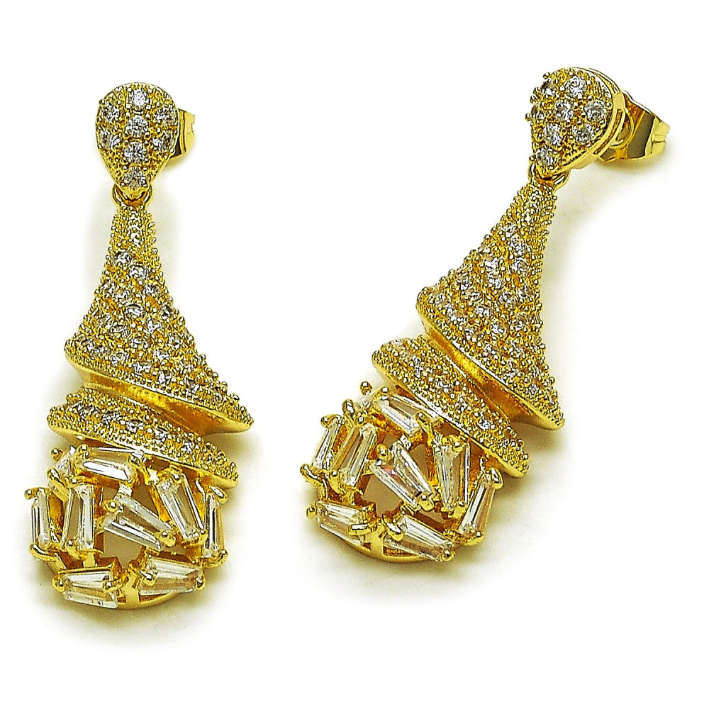 Oro Laminado Long Earring, Gold Filled Style Teardrop and Baguette Design, with White Cubic Zirconia, Polished, Golden Finish