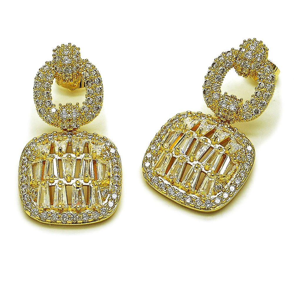 Oro Laminado Long Earring, Gold Filled Style Cluster Design, with White Cubic Zirconia, Polished, Golden Finish