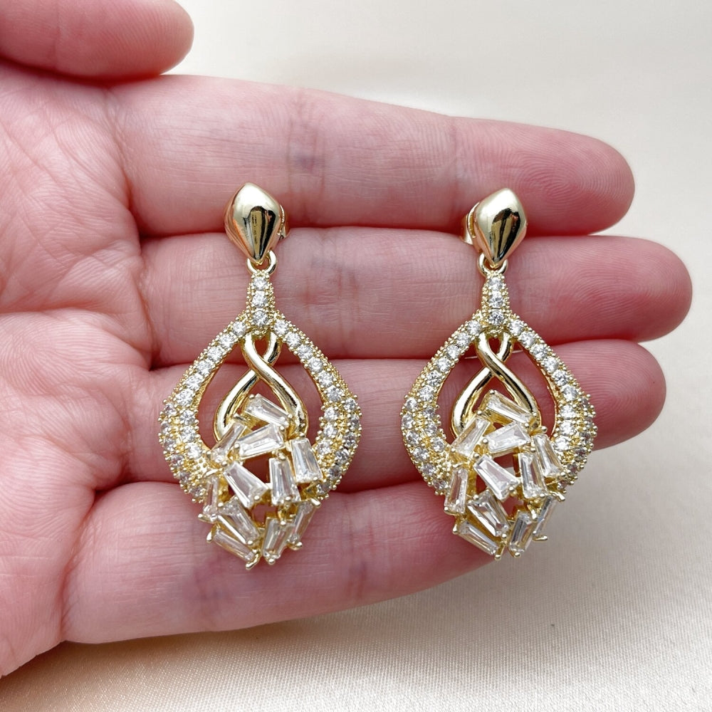 Oro Laminado Long Earring, Gold Filled Style Teardrop and Baguette Design, with White Cubic Zirconia, Polished, Golden Finish