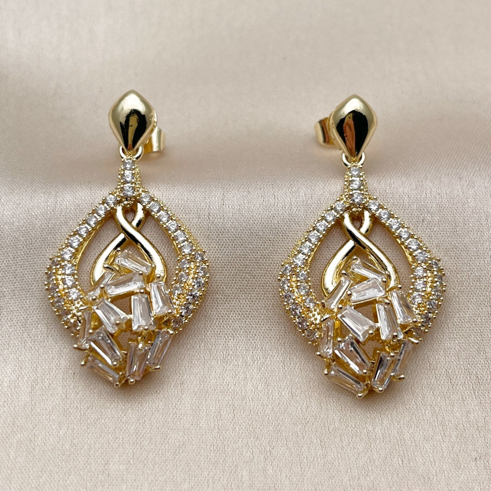 Oro Laminado Long Earring, Gold Filled Style Teardrop and Baguette Design, with White Cubic Zirconia, Polished, Golden Finish