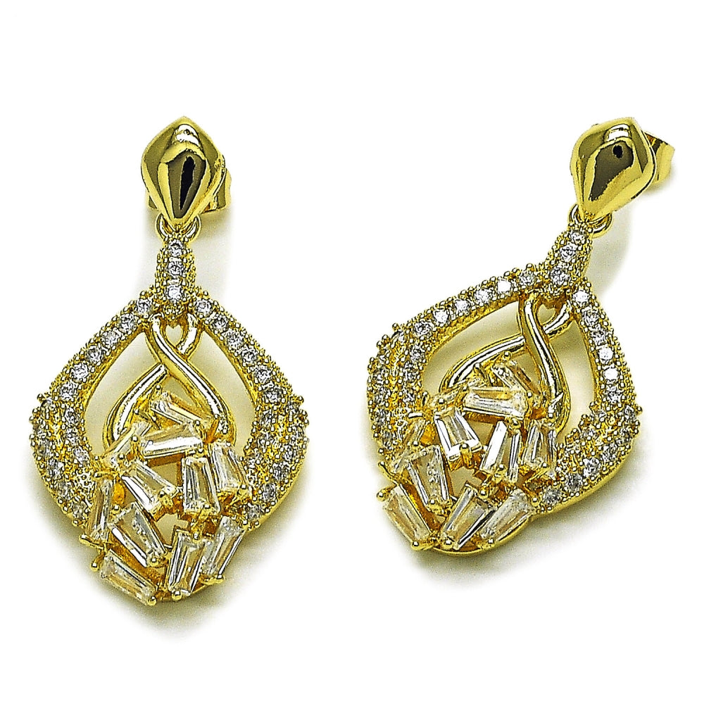 Oro Laminado Long Earring, Gold Filled Style Teardrop and Baguette Design, with White Cubic Zirconia, Polished, Golden Finish