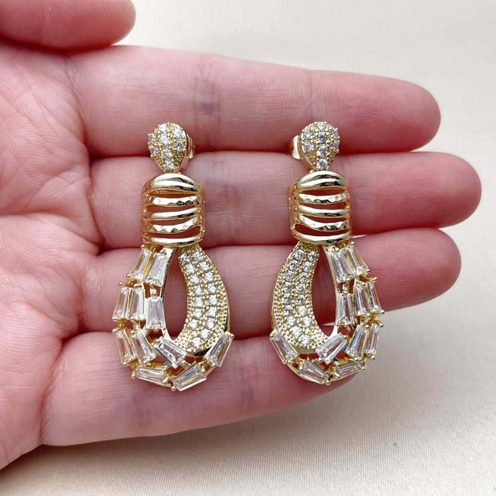 Oro Laminado Long Earring, Gold Filled Style Teardrop and Baguette Design, with White Cubic Zirconia, Polished, Golden Finish