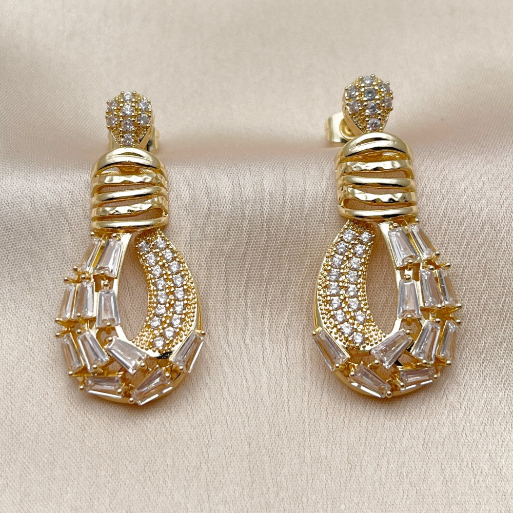 Oro Laminado Long Earring, Gold Filled Style Teardrop and Baguette Design, with White Cubic Zirconia, Polished, Golden Finish