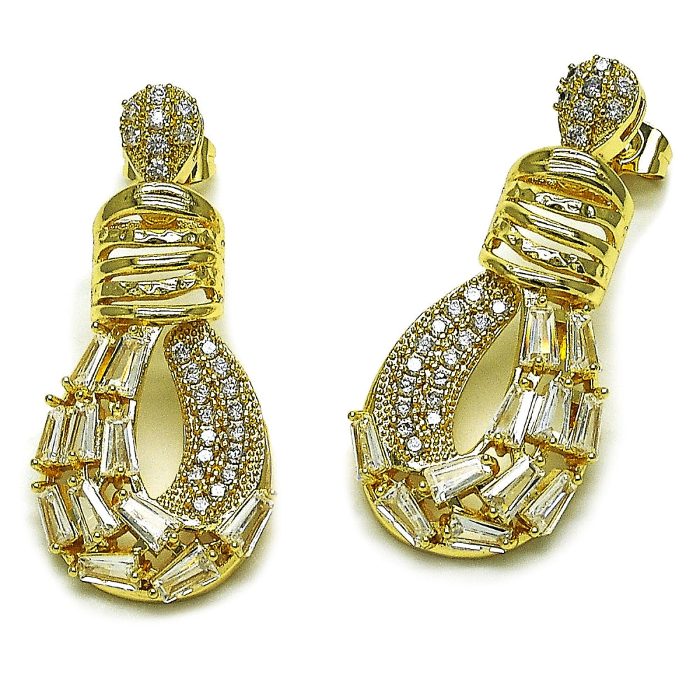 Oro Laminado Long Earring, Gold Filled Style Teardrop and Baguette Design, with White Cubic Zirconia, Polished, Golden Finish