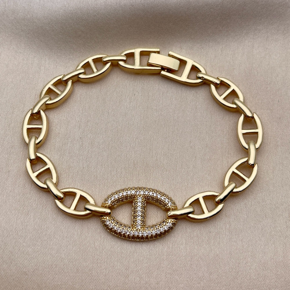 Oro Laminado Fancy Bracelet, Gold Filled Style Puff Mariner and Mariner Design, with White Micro Pave, Polished, Golden Finish