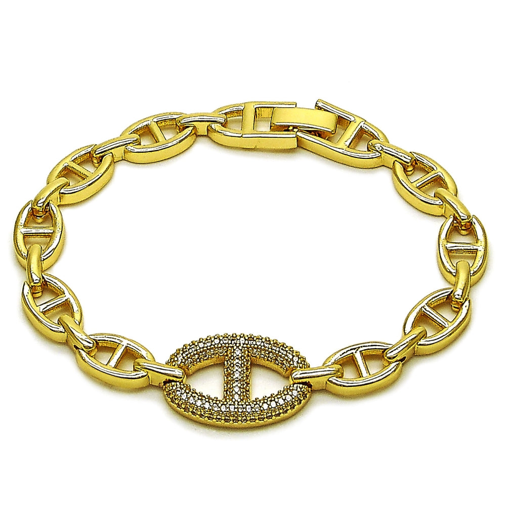 Oro Laminado Fancy Bracelet, Gold Filled Style Puff Mariner and Mariner Design, with White Micro Pave, Polished, Golden Finish