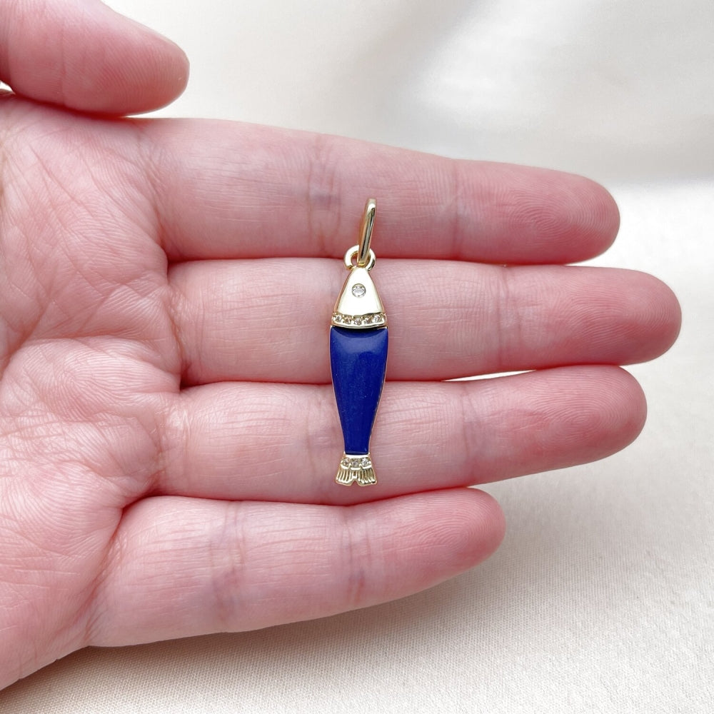 Oro Laminado Fancy Pendant, Gold Filled Style Fish Design, with White Cubic Zirconia, Blue Resin Finish, Golden Finish